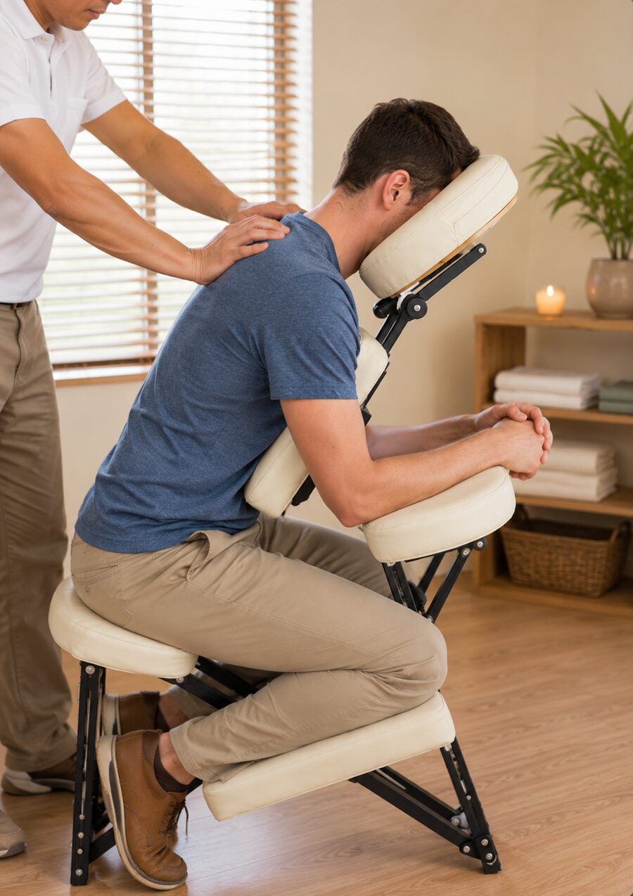 An employee getting a fully-clothed seated chair massage at work